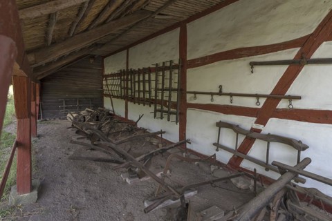Ploughs and harrows under a meadow at the end of the 19th century, Schwerin-Muess Open-Air Museum
