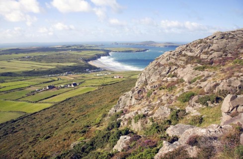 Whitesands Bay and Ramsey Island from Carn Llidi, St David's Head, Pembrokeshire, Wales, United