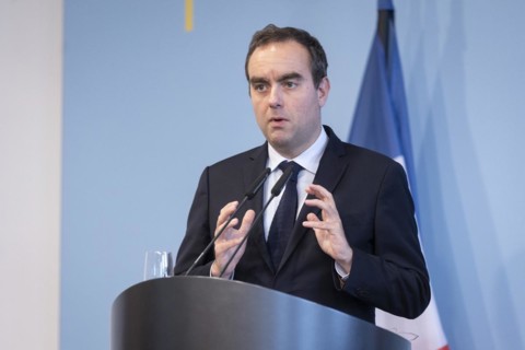 Sebastien Lecornu, French Minister of Defence, recorded during a press statement in Berlin, 22.03