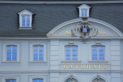 Old town hall built in 1750 with inscription, town hall, inscription, window, two, roman, number,