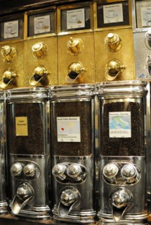 Coffee, series of coffee dispensers with different types of beans and labels, Hamburg, Hanseatic