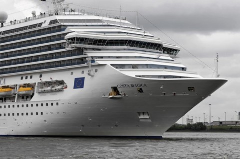 COSTA MAGICA, close-up of the bow of a cruise ship with lifeboats and windows, Hamburg, Hanseatic
