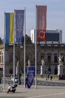 Flagpoles in front of the entrance to the Humboldt Forum, Berlin, Germany, Europe