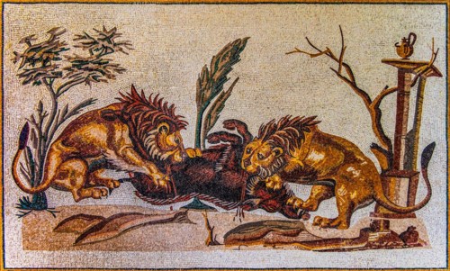 Lions attacking a wild boar, mosaic copy, Casa della Processione, El Jem, 2nd century, mosaic