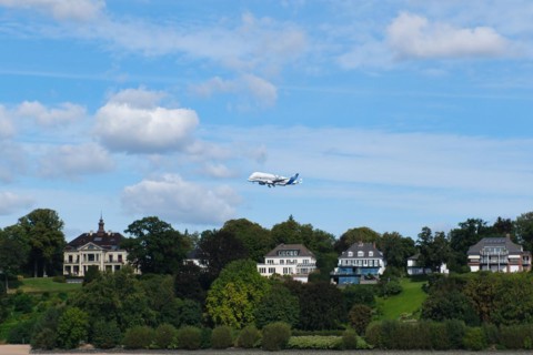 View over the Elbe beach in Hamburg harbour with Beluga aircraft, Hanseatic City of Hamburg,