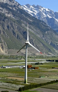 Enercon E-101 wind turbine of the Adonis wind power plant in the Rhone Valley, Charrat, Valais,