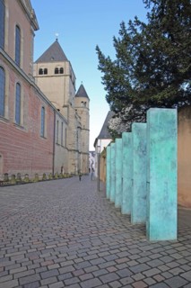 UNESCO St Peter's Cathedral and monument with green stelae on the Platz der Menschenwuerde, former