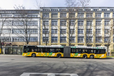 Bus stop for SSB AG buses, with advertisement Oekomobil, the buses run on synthetic fuel,
