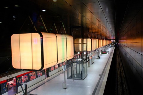 Hafencity University underground station, coloured light containers, Hanseatic City of Hamburg,