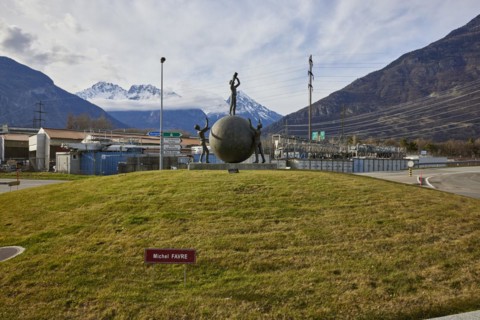 Public art object Le Visionnaire, The Visionary by Michel Favre at the roundabout in Martigny,