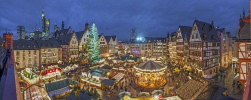 Christmas market illuminated Panorama am Roemer Frankfurt Germany