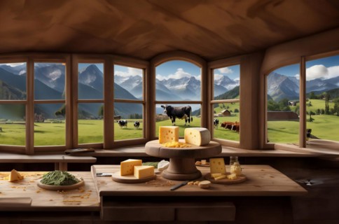 Cheese production on a farm in the alps mountains, cows graze in the mountains, AI generated