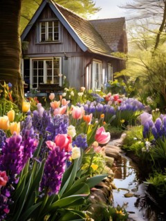 Traditional cottage garden with spring flowers tulips hyacinths pansies in warm morning light, AI