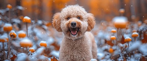 A joyful poodle playing among orange pumpkins as snow gently falls in an autumn setting, AI