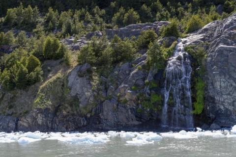 Waterfall, floating ice, Lago Grey, Torres del Paine National Park, Parque Nacional Torres del
