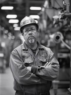 Serious worker with safety gear standing with arms crossed in an industrial setting, AI generated