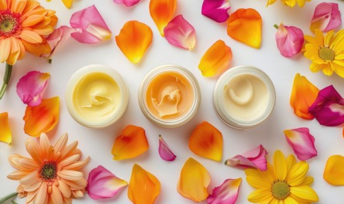 Three creme jar blank mockups nestled amidst delicate flower petals on a white background AI