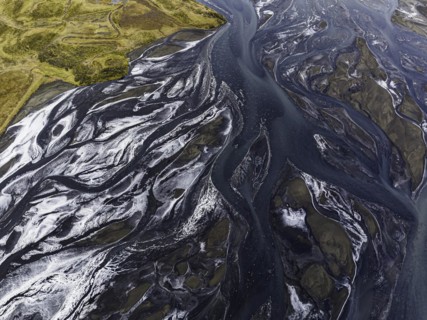Overgrown river landscape, Eldhraun, near Kirkjubaejarklaustur, drone image, Sudurland, Iceland,
