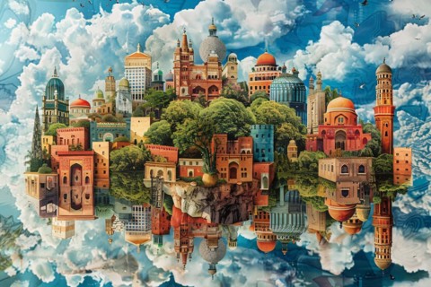 Surreal fantasy scene of dream-like architecture on floating islands among clouds, illustration, AI