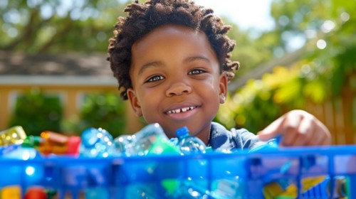 Happy child hold empty used bottles on a blue bin on a sunny day, plastic waste separation,