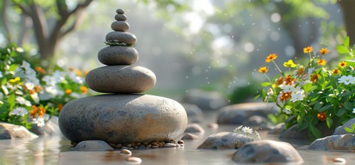 A rock tower balanced in a zen garden with morning dew and flowers, image depicting relaxation,