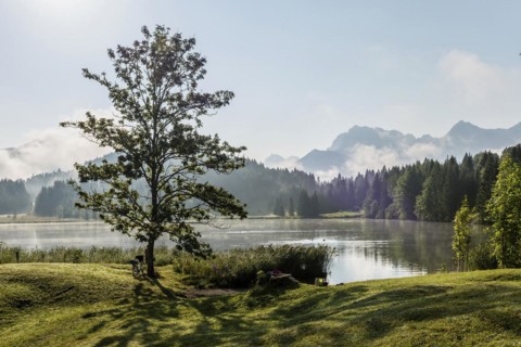 Sunrise and morning fog, Geroldsee or Wagenbruechsee, Kruen near Mittenwald, Werdenfelser Land,