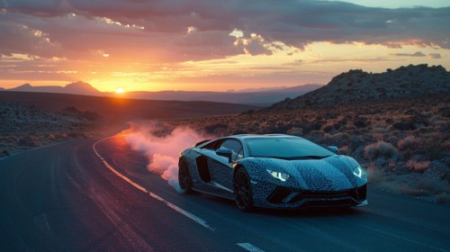 Italian expensive camouflaged Supercar driving through desert at sunset with dust trail, AI