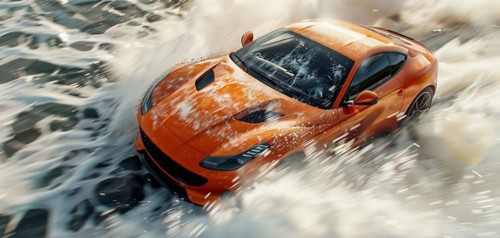 Orange sports car racing through water with dynamic splashing, AI generated