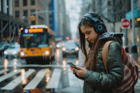 Schoolgirl with headphones looking at her smartphone on a busy street in a city, symbolic image for