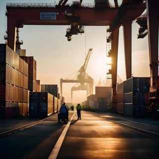 Bustling container terminal capturing the scene from the inner depths as colossal cranes, AI