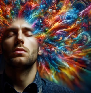 A man has delusions in his head, symbolic image intoxication, narcotic, drug, drug use, fantasies,