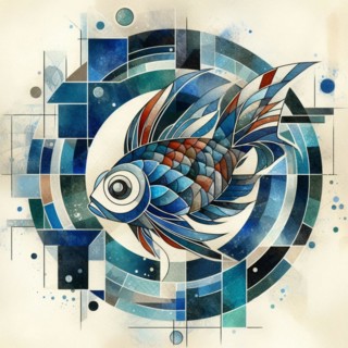 Harmonious abstract watercolor of a fish with geometric circles in cool colors, square aspect, AI