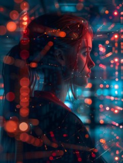 Silhouette of a woman overlaid with a bokeh light effect creating a contemplative urban mood, AI