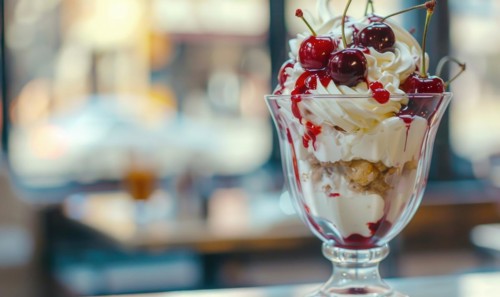 Sundae topped with cherries and whipped cream, closeup view, selective focus AI generated