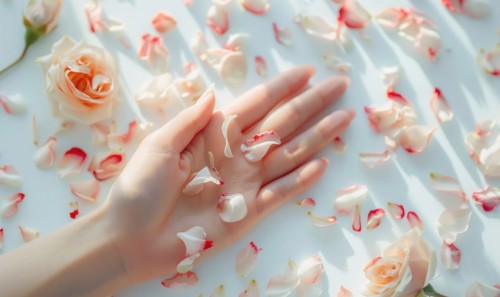 Woman's hand on white background with flower petals around AI generated