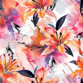 Seamless watercolor pattern with bold lily flowers and abstract strokes AI generated