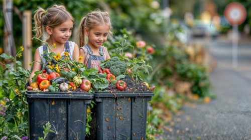 Twin girls smile admiringly at a lush urban vegetable garden in waste containers, waste separation,