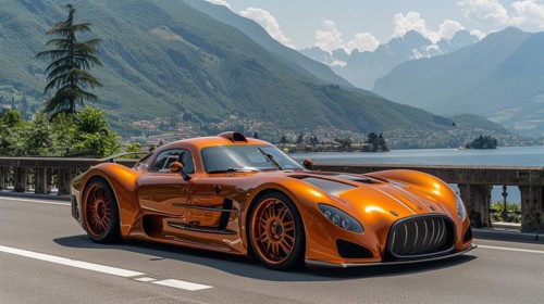 Luxury stunning orange supercar parked on a scenic lakeside road with mountain backdrop in northern