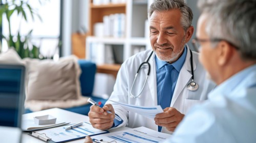 A doctor in professional attire is discussing health information with a patient in a medical