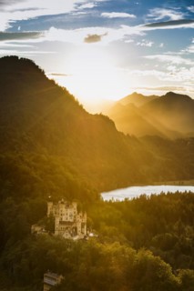 Hohenschwangau Castle, foehn storm, sunset, near Fuessen, Ostallgaeu, Allgaeu, Bavaria, Germany,
