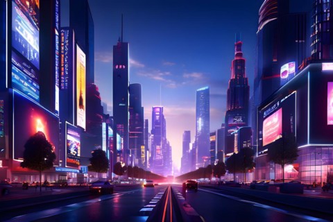 Cityscape at dusk with smart lighting systems adorn towering facades with digital billboards, AI