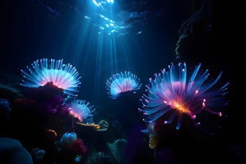 Bristle worms bioluminescent bodies floating in deep ocean, AI generated, deep sea, fish, squid,
