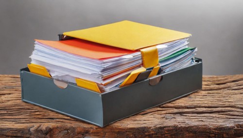 Stacked folders filled with papers on a wooden background, symbol bureaucracy, AI generated, AI