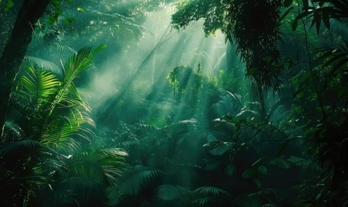Sunlight pierces the mist in a dense, green jungle AI generated