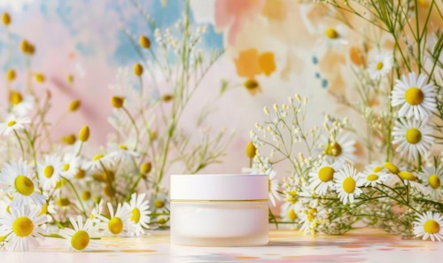 Blank cosmetic jar mockup placed on an elegant watercolor chamomile background, skin care and