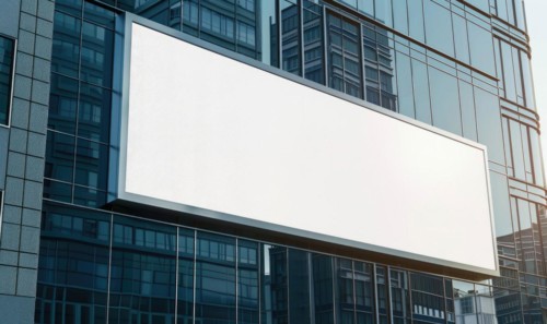 Blank screen banner mockup displayed on the modern building facade. Close Up view AI generated