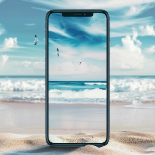Smartphone mockup with a blank screen on a tranquil beach background, travel and tourism AI