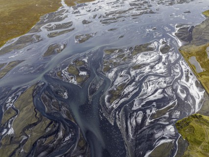 Overgrown river landscape, Eldhraun, near Kirkjubaejarklaustur, drone image, Sudurland, Iceland,