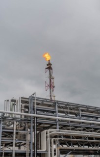 Fire atop a flare stack within a sprawling industrial facility under an overcast sky, in Ulsan,