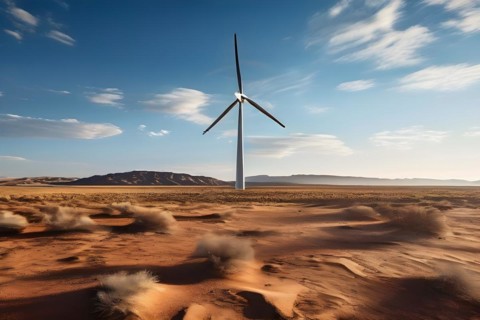 WiWind turbine standing idle in a still lifeless desert representing the challenges of transition,